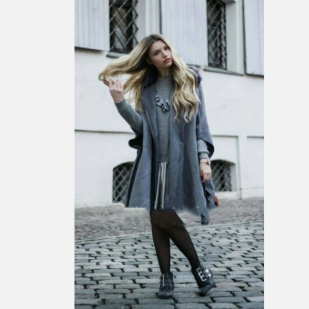 Zara Coat Jacket Fur Collar Knit Cape Poncho Faux Coat Jacket S - Picture 4 of 14